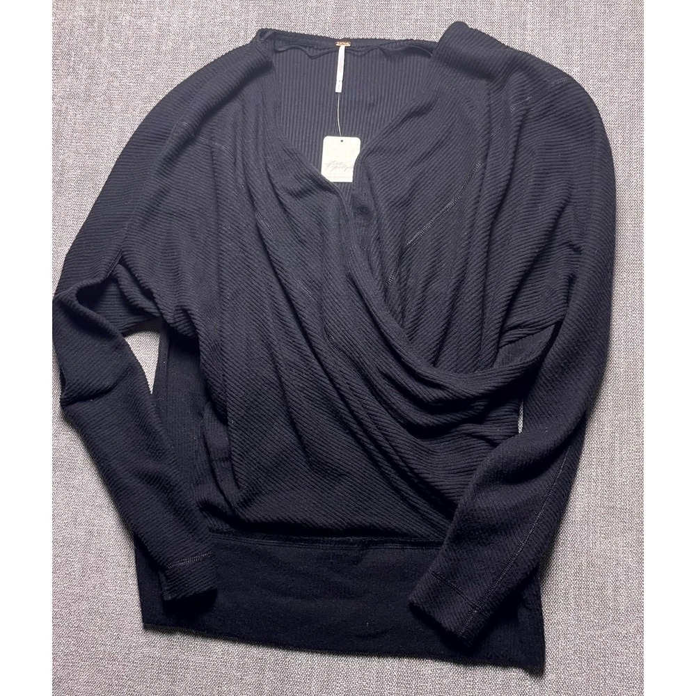Free People Cozy with You Surplice Wrap Sweater Womens Small Black Ribbed V Neck